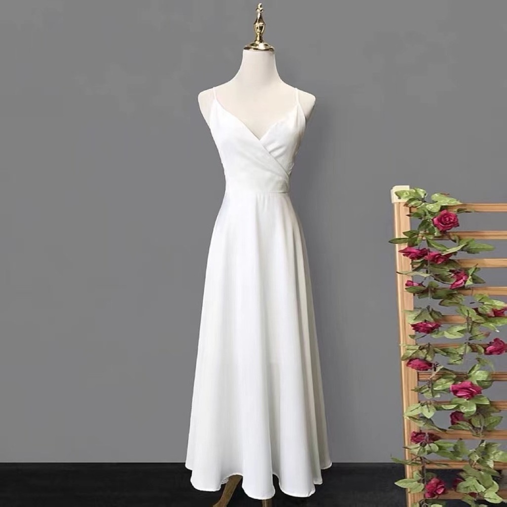 V-NECKLINE SLIP MIDI DRESS, White, Size: S/M